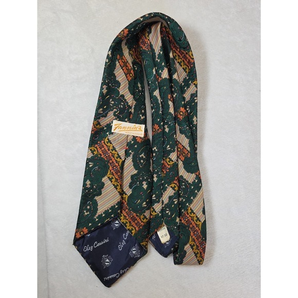 NEW! 1970s Mens Neckie VINTAGE Paisley Floral Green Orange Tapestry Oleg Cassini - Picture 4 of 12